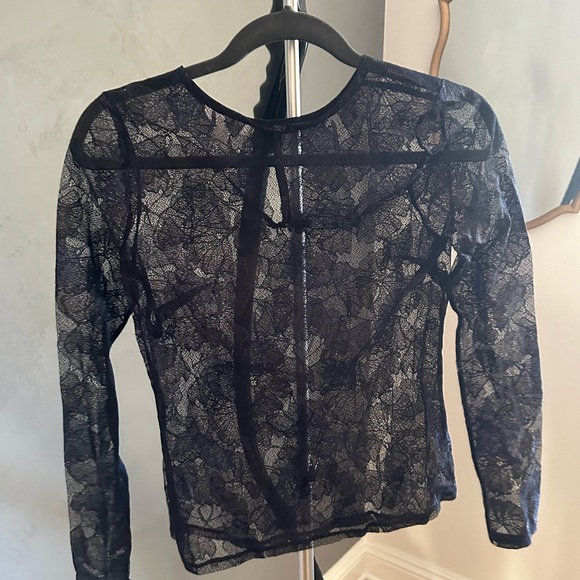 Navy Blue Sheer Shirt with Gingko Leaf Lace - Picture 2 of 4